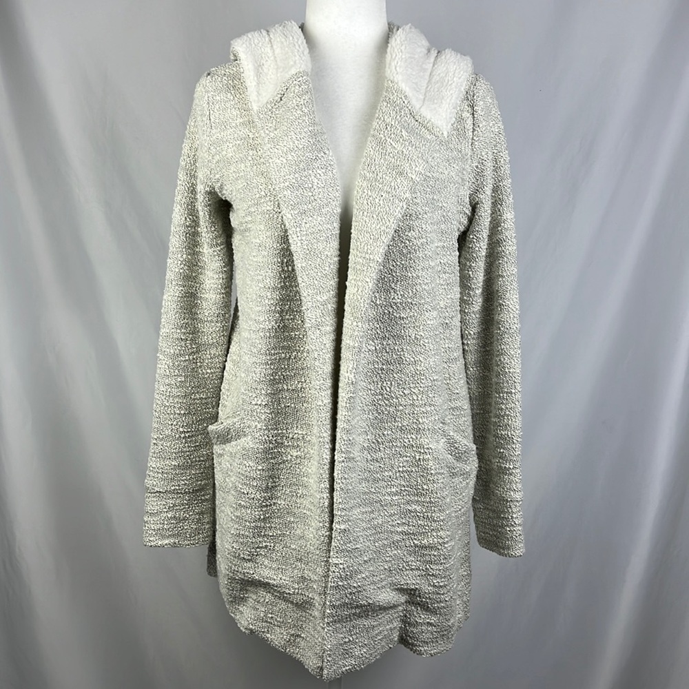 Loft Boucle Draped Hooded Open Grey Cardigan Sweater Womens XS Loungewear Cozy